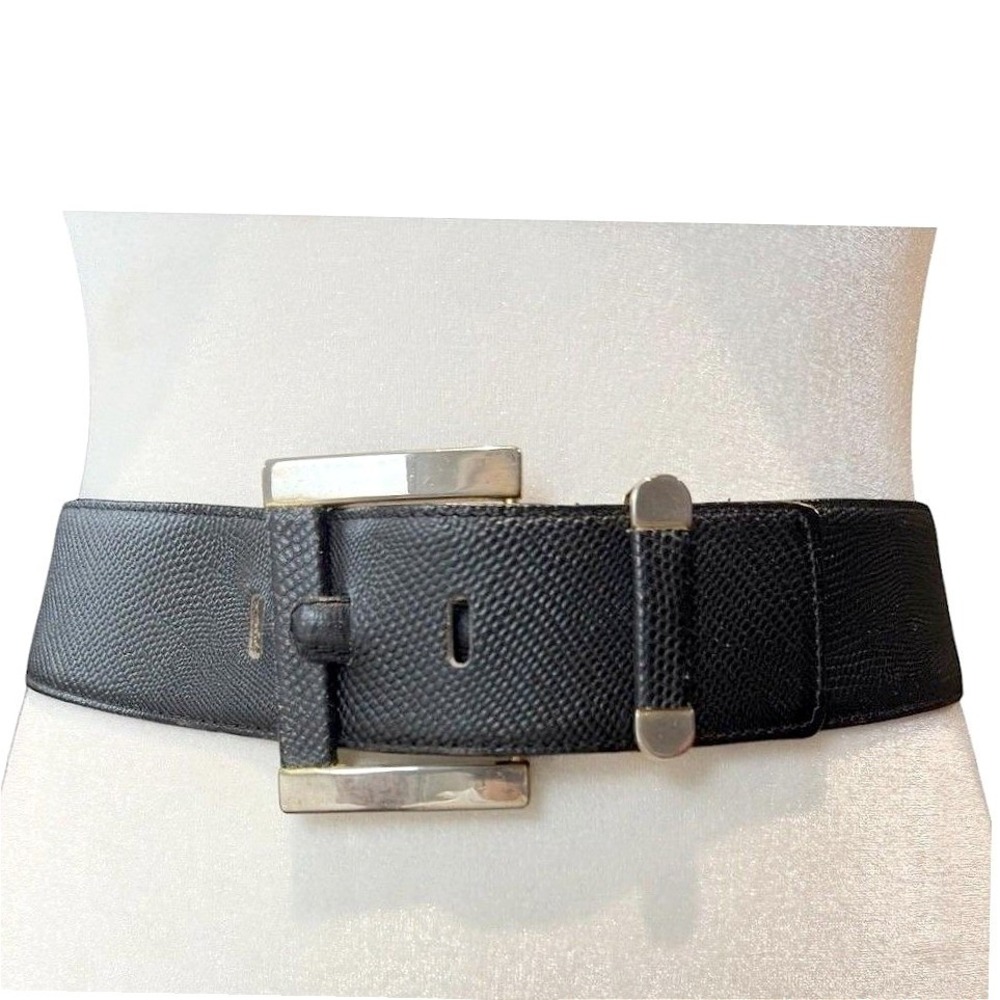 Leather Belt Women S Black Lizard Embossed Wide Gold Buckle 80s Statement Vtg